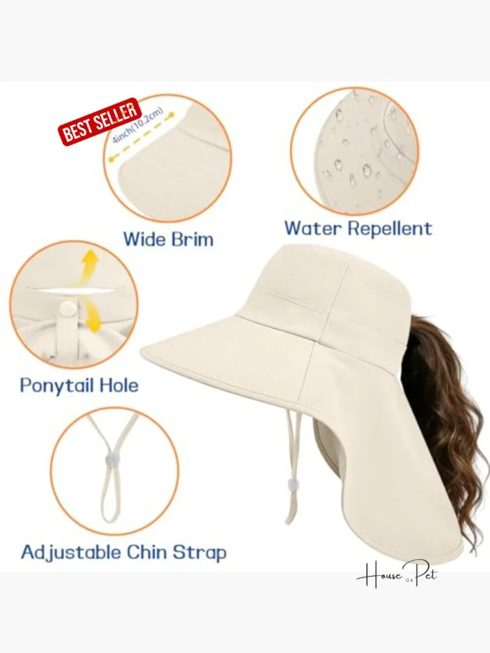 Women Sun Hat with Neck Flap Ponytail Hole UPF 50+ Wide Brim Rollable Hiking - Picture 3 of 7